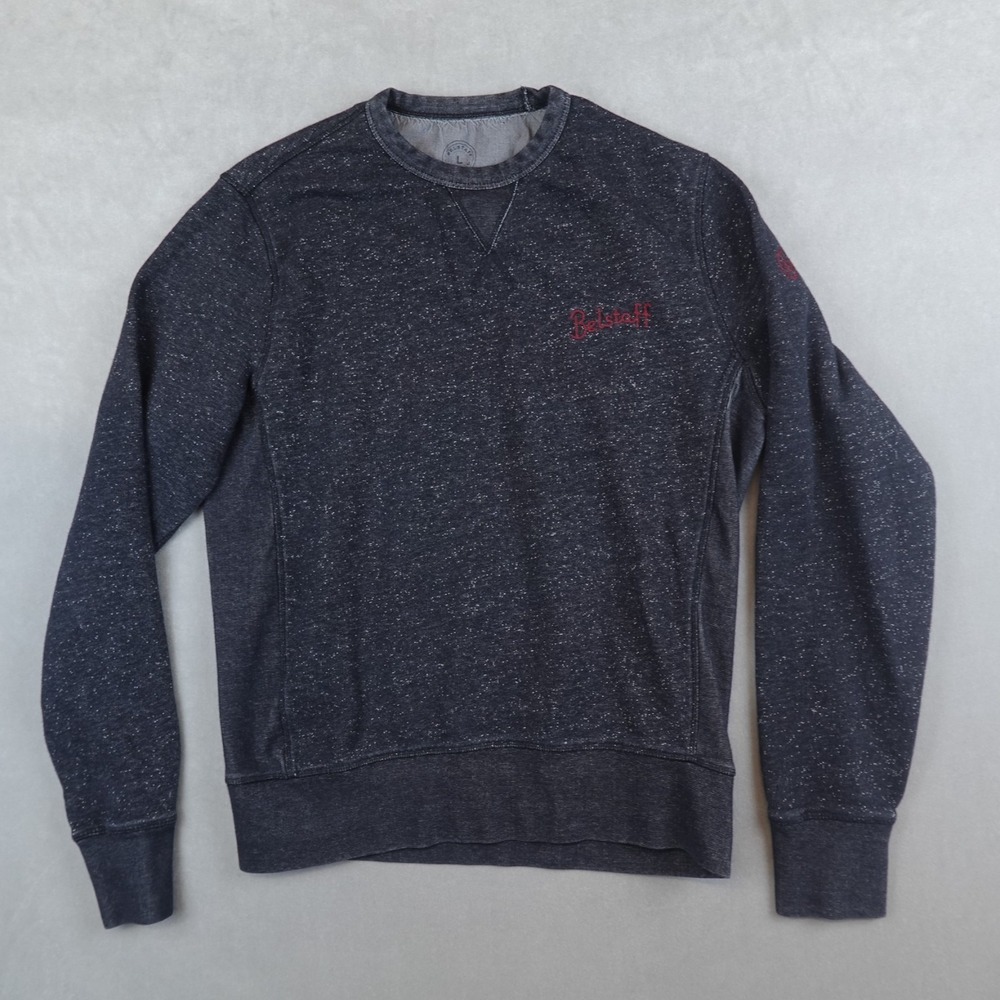 Belstaff Jumper Mens Large Black Logo Pullover Sweatshirt Crew Neck Top